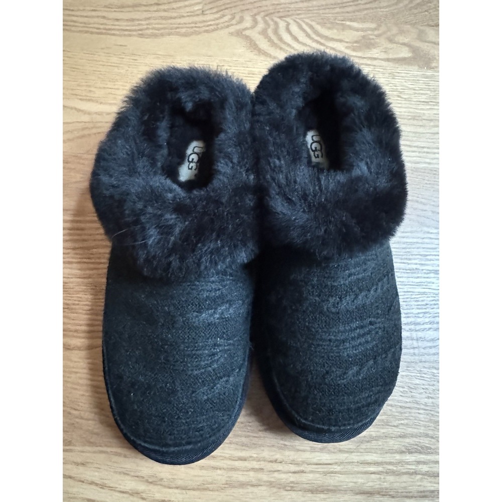 UGG Women Black Cable Knit Cozy Slipper Slip On Shoes Size 7